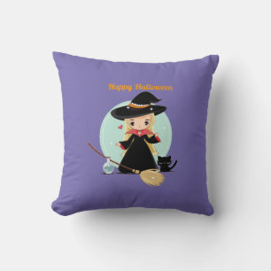 Cute Little Halloween Witch And Kitty Cushion