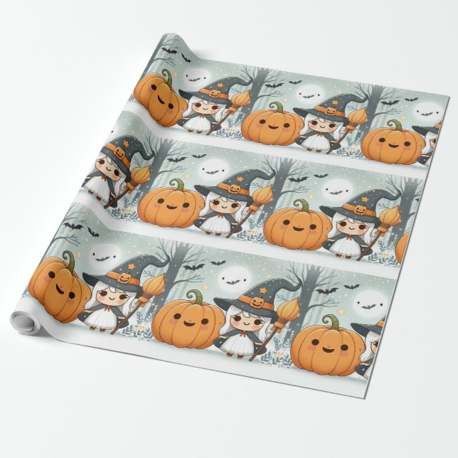 Cute little Halloween Witch Wrapping Paper (Unrolled)