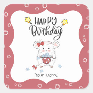 Cute Little Hamster Custom Happy Birthday Square Sticker