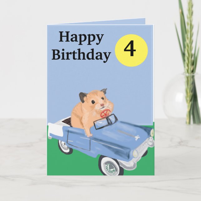 Cute little Hamster Driving a blue car birthday  Holiday Card (Front)