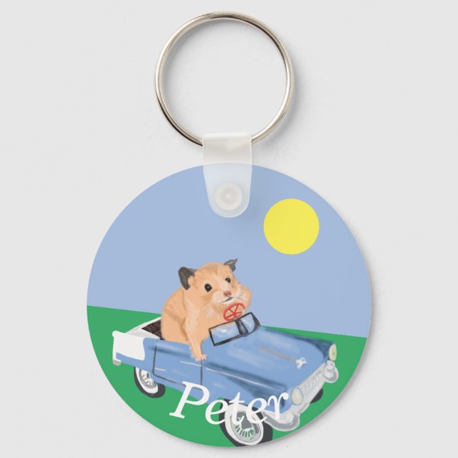 Cute little Hamster Driving a blue car  Key Ring (Front)