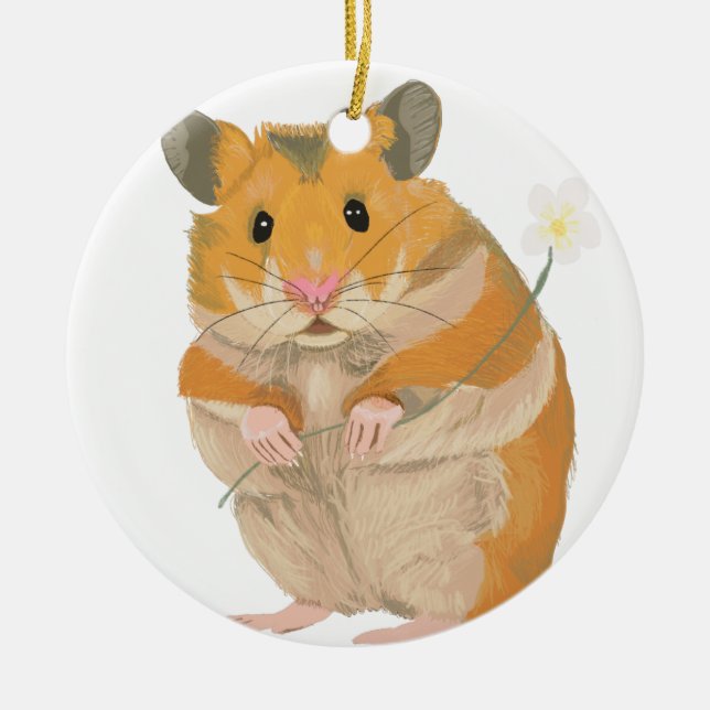 Cute little Hamster holding a flower Ceramic Tree Decoration (Front)
