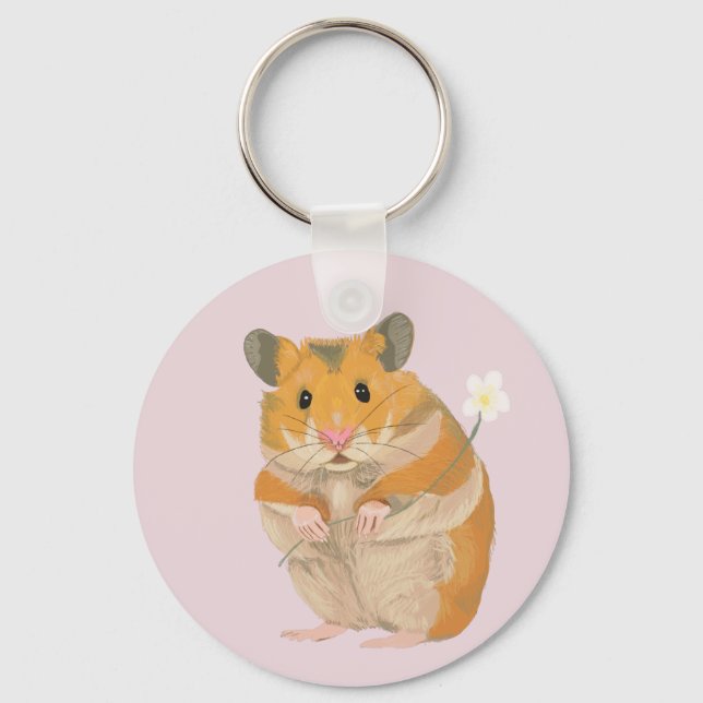 Cute little Hamster holding a flower Key Ring (Front)