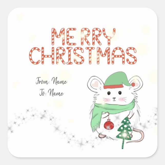 Cute Little Hamster Merry Christmas Holiday Square Sticker (Front)