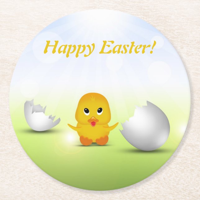 Cute Little Happy Easter Baby Chick Round Paper Coaster (Front)