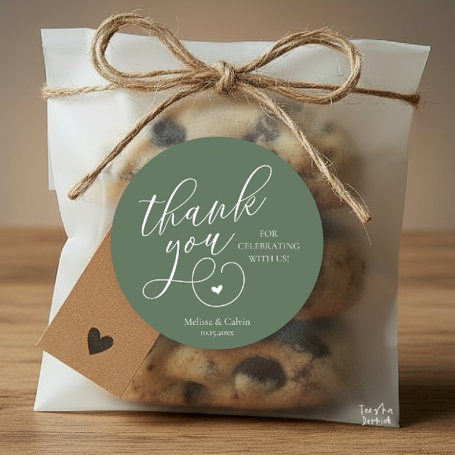 Cute Little Heart Wedding Gifts Thank You  Classic Round Sticker (Cute Little Heart Wedding Gifts Thank You Classic Round Sticker in Classy Rustic Sage Green)