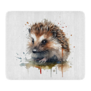 Cute little hedgehog in brown water colour cutting board