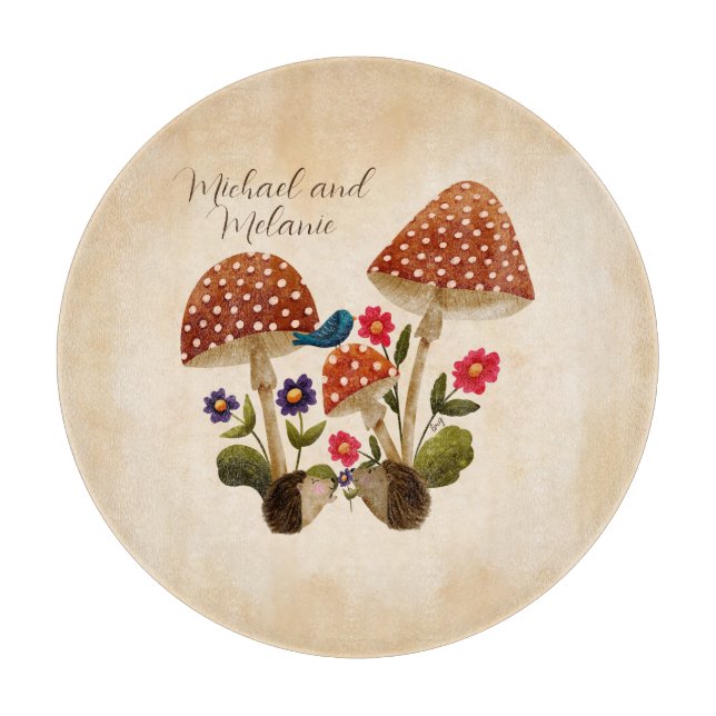 Cute Little Hedgehogs with Mushrooms and Flowers Cutting Board (Front)