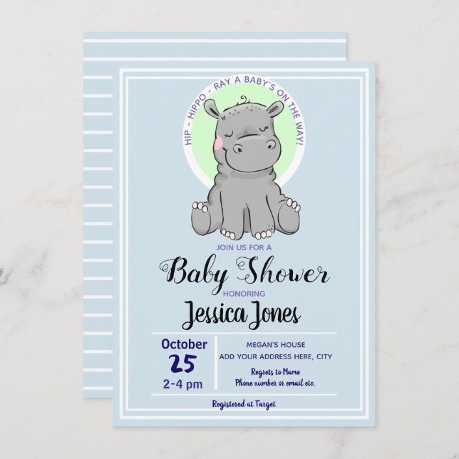Cute Little Hippo Baby Shower Invitations (Front/Back)