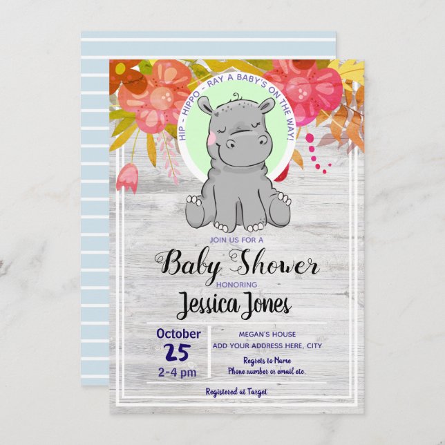 Cute Little Hippo Floral Baby Shower Invitations (Front/Back)