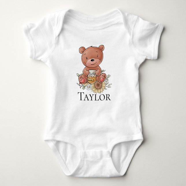 Cute Little Honey Bear with Custom Name Baby Bodysuit (Front)