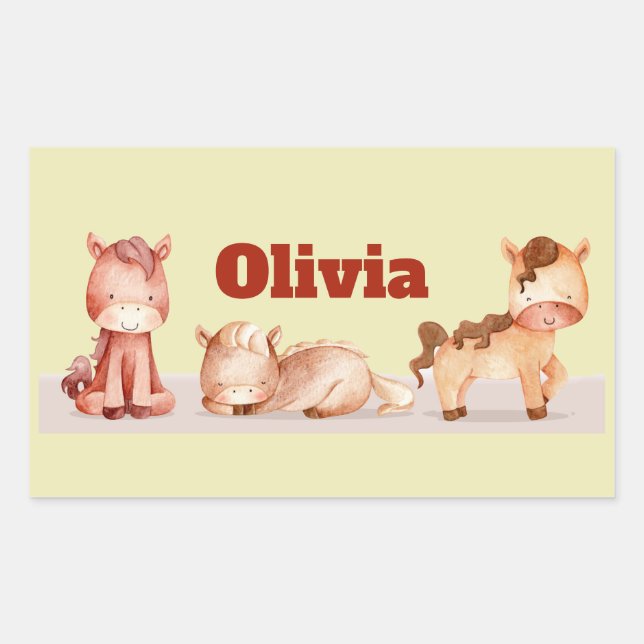 Cute Little Horse Animal Custom Name Personal Rectangular Sticker (Front)