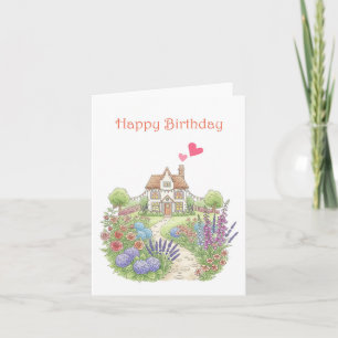 Cute Little House with Floral Garden Birthday  Card