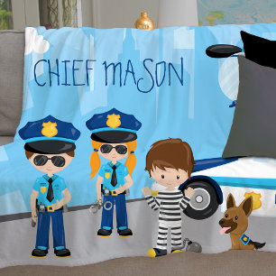 Cute Little Kid Cartoon Policeman with First Name Fleece Blanket