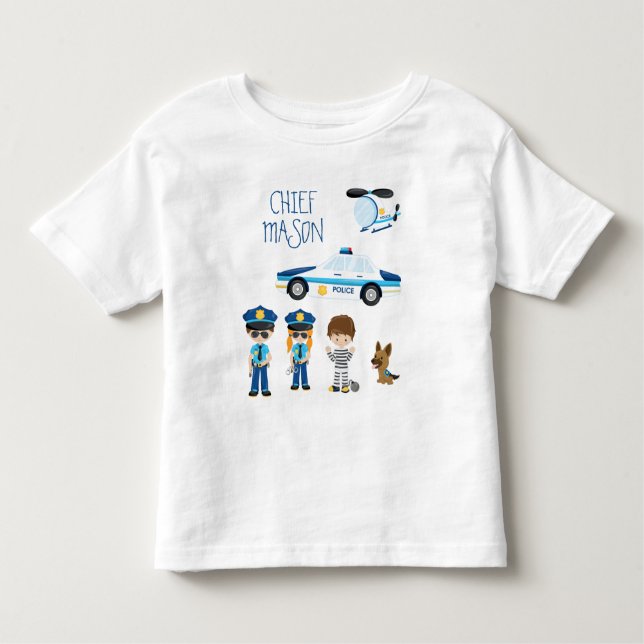 Cute Little Kid Cartoon Policeman with First Name Toddler T-Shirt (Front)