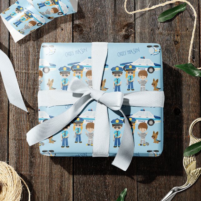 Cute Little Kid Cartoon Policeman with Name Blue Wrapping Paper (Creator Uploaded)