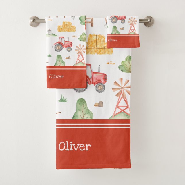 Cute Little Kids Farmer Pattern with First Name Bath Towel Set (Insitu)