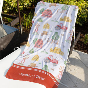 Cute Little Kids Farmer Pattern with First Name Beach Towel