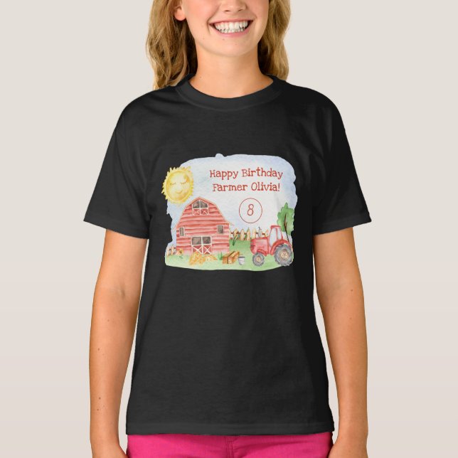 Cute Little Kids Happy Birthday Farmer Girl T-Shirt (Front)