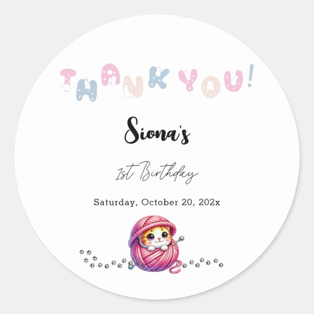 Cute Little Kitten 1st Birthday Thank You Classic Round Sticker (Front)