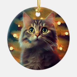 Cute Little Kitten Playing With Christmas Bulb Ceramic Tree Decoration