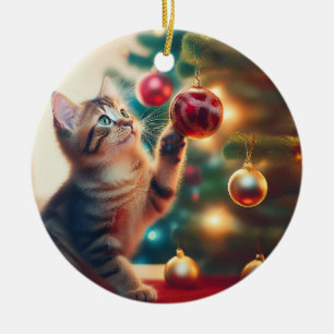 Cute Little Kitten Playing With Christmas Bulb Ceramic Tree Decoration