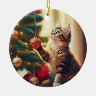 Cute Little Kitten Playing With Christmas Bulb Ceramic Tree Decoration