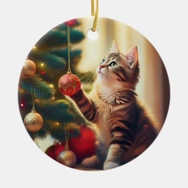Cute Little Kitten Playing With Christmas Bulb Ceramic Tree Decoration (Front)