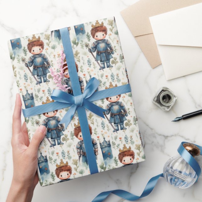 Cute Little Knight Prince with Crown Watercolor  Wrapping Paper (Gifting)
