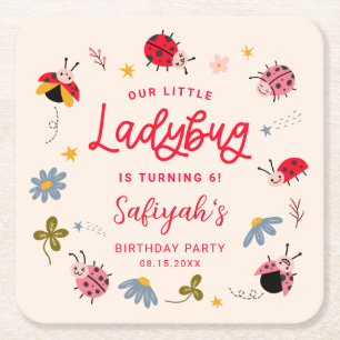 Cute Little Ladybug Birthday Party Square Paper Coaster