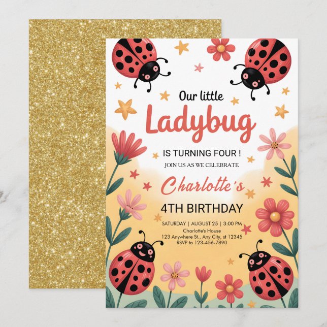 Cute Little Ladybug Girl Birthday Party Invitation (Front/Back)