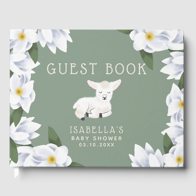 Cute Little Lamb Floral Baby Shower Guest Book (Front)