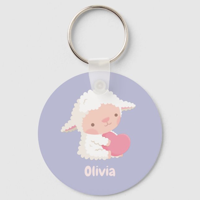 Cute Little Lamb Hugging Heart Kids Personalised Key Ring (Front)