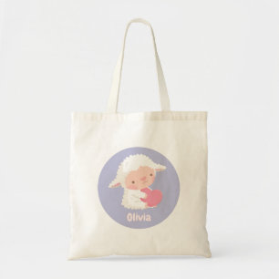 Cute Little Lamb Hugging Heart Name tote bag