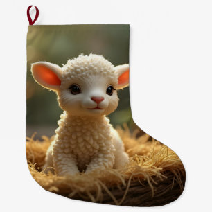 CUTE LITTLE LAMB IN A MANGER LARGE CHRISTMAS STOCKING