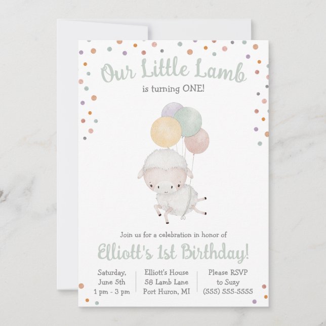 Cute Little Lamb with Balloons Birthday Party Invitation (Front)