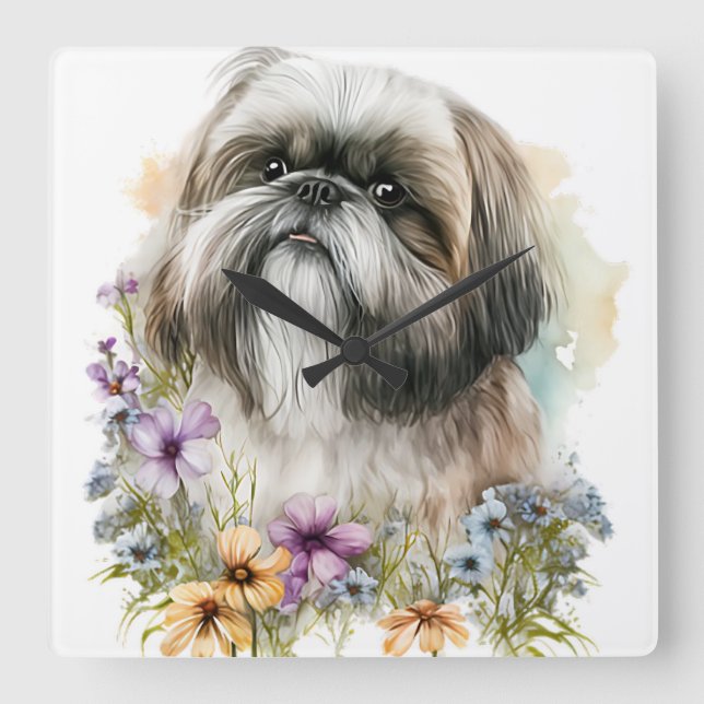 CUTE LITTLE LHASA APSO DOG WITH WILDFLOWERS SQUARE WALL CLOCK (Front)