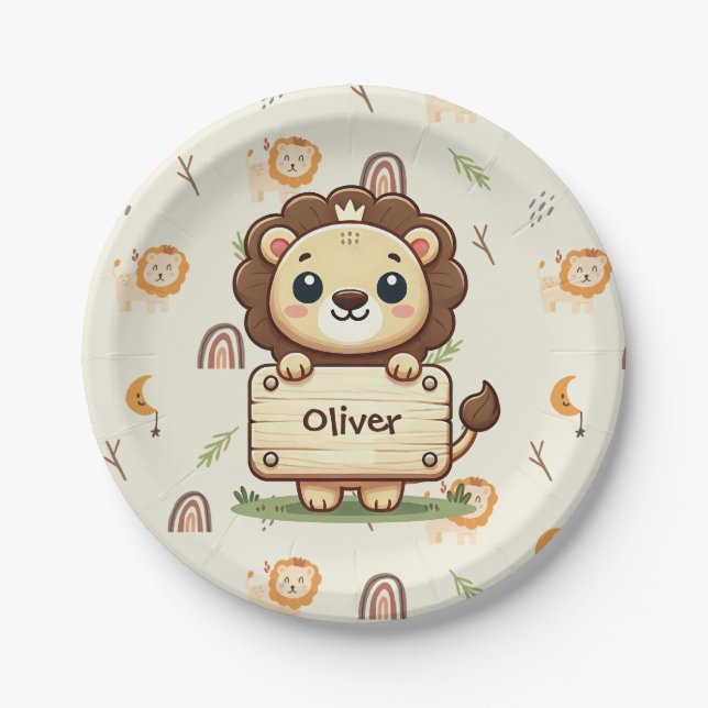Cute Little Lion with a Name Sign Paper Plate (Front)