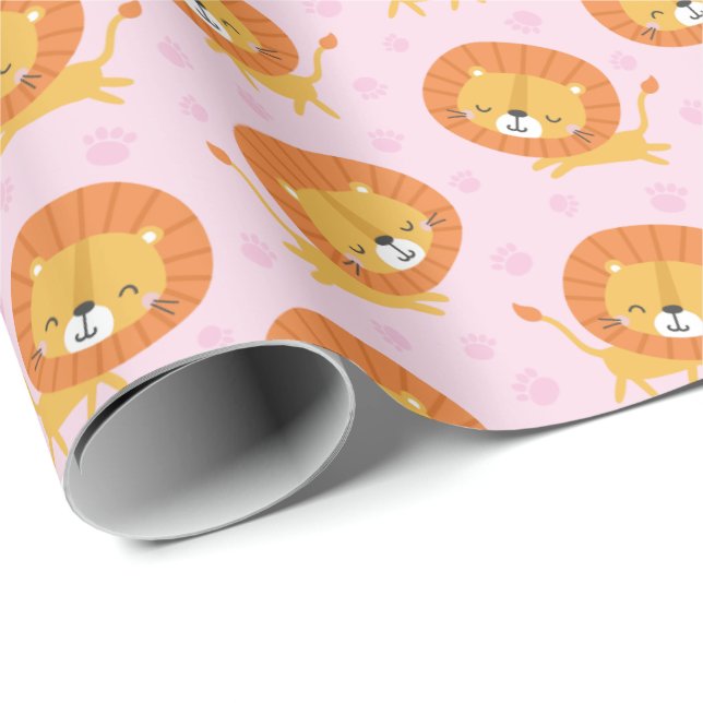 Cute little Lions with footprints on light pink Wrapping Paper (Roll Corner)