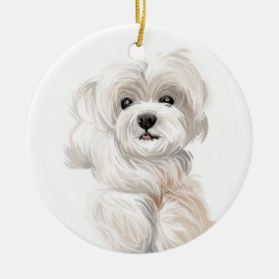 CUTE LITTLE MALTESE PUPPY DOG CERAMIC TREE DECORATION