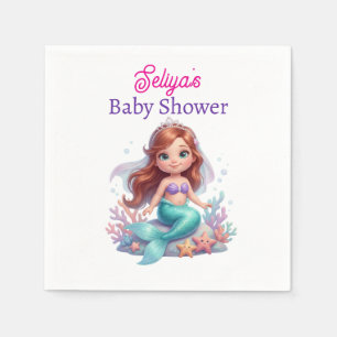 Cute Little Mermaid Baby Shower Water Bottle Label Napkin