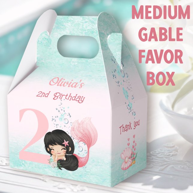 Cute Little Mermaid Dark Hair Pink Medium Gable Favour Box (Mermaid Medium Gable Favor Boxes -  You can choose from 3 sizes of these gable favor boxes)