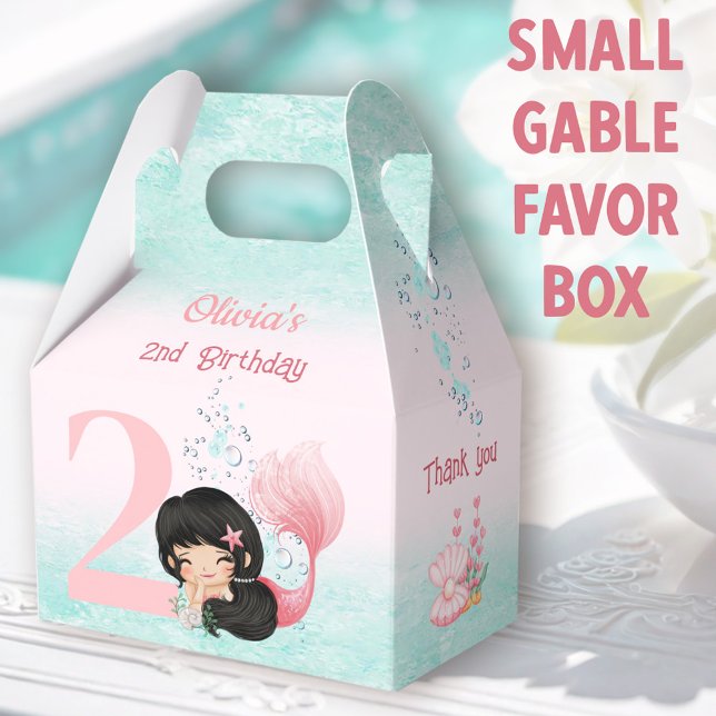 Cute Little Mermaid Dark Hair Pink Small Gable Favour Box (Mermaid Small Gable Favor Boxes - You can choose from 3 sizes of these gable favor boxes)