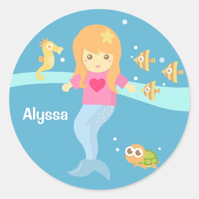 Cute Little Mermaid Girl Under the Sea Classic Round Sticker (Front)