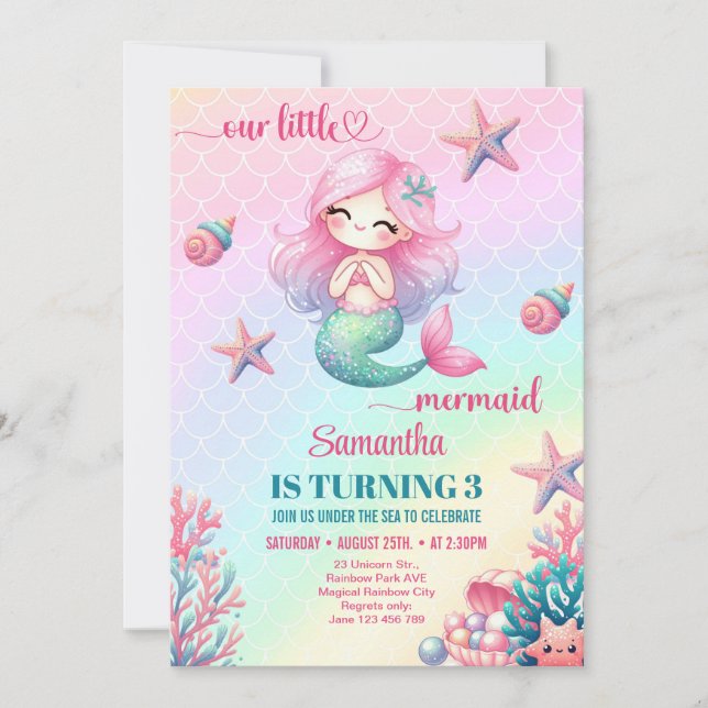 Cute little mermaid pink purple 3th Birthday Invitation (Front)