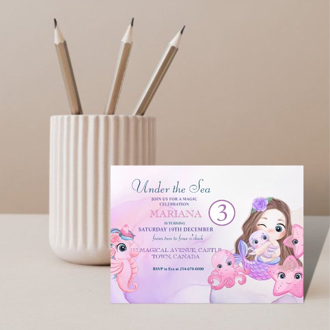 Cute Little Mermaid Purple and Pink 3rd Birthday Invitation (Creator Uploaded)