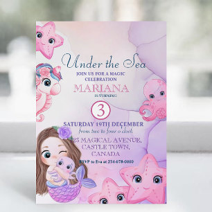 Cute Little Mermaid Purple Watercolor 3rd Birthday Invitation