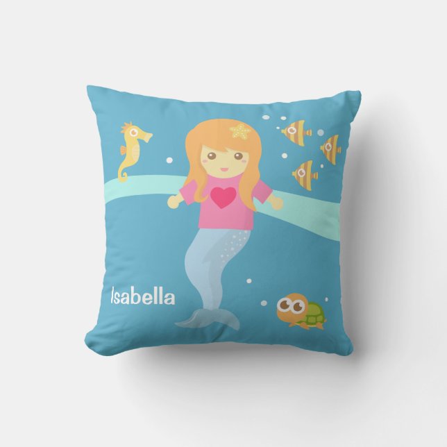 Cute Little Mermaid Sea Creatures Girls Room Cushion (Front)