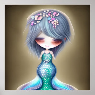 Cute Little Mermaid teal flowers face gift Poster