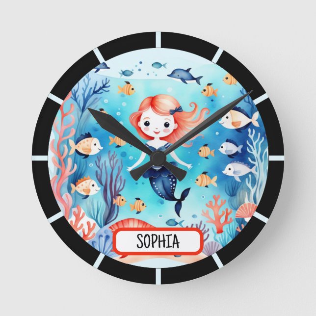 Cute Little Mermaid Under The Sea Personalised  Round Clock (Front)